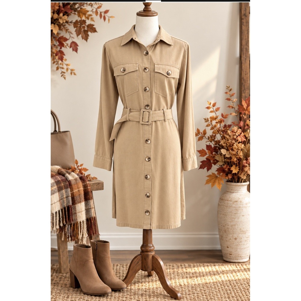 Esprit Tan Long Sleeve button down shirt Dress with Belt size Large Safari
